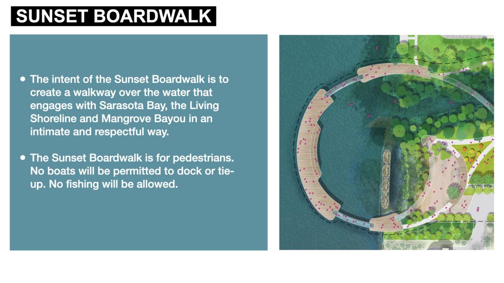 The intent of the Sunset Boardwalk is to create a walkway over the water that engages with Sarasota Bay, the Living Shoreline and Mangrove Bayou in an intimate and respectful way. 

The Sunset Boardwalk is for pedestrians. No boats will be permitted to dock or tie-up. No fishing will be allowed.