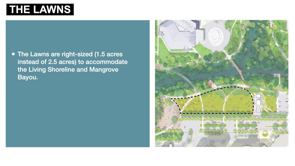 The Lawns are right-sized (1.5 acres instead of 2.5 acres) to accommodate the Living Shoreline and Mangrove Bayou.
