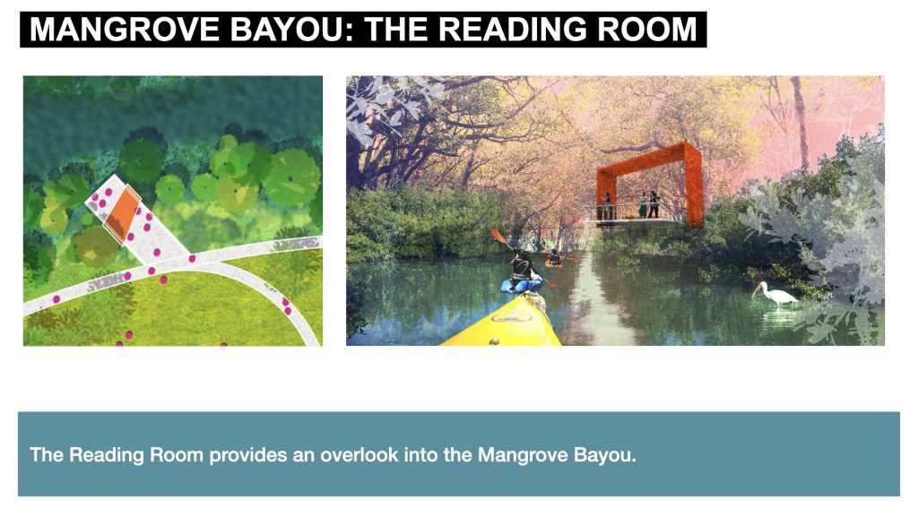 The Reading Room provides an overlook into the Mangrove Bayou. 