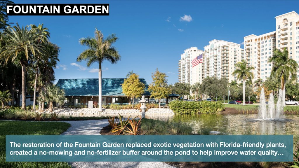 The restoration of the Fountain Garden replaced exotic vegetation with Florida-friendly plants, created a no-mowing and no-fertilizer buffer around the pond to help improve water quality…