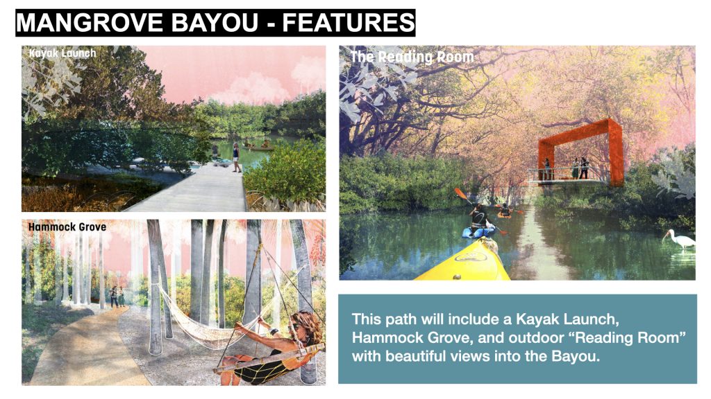 This path will include a Kayak Launch, Hammock Grove, and outdoor “Reading Room” with beautiful views into the Bayou. 
