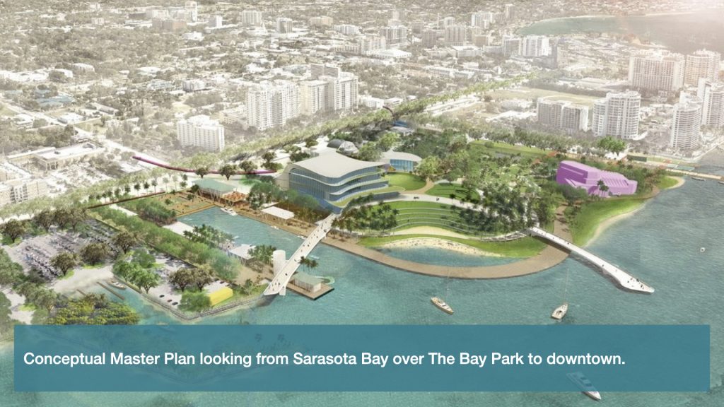 Conceptual Master Plan looking from Sarasota Bay over The Bay Park to downtown.