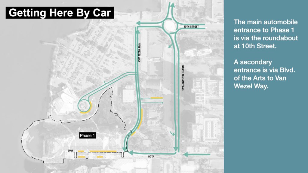 Getting to the Park by Car.

The main automobile entrance to Phase 1 is via the roundabout at 10th Street.

A secondary entrance is via Blvd. of the Arts to Van Wezel Way.
