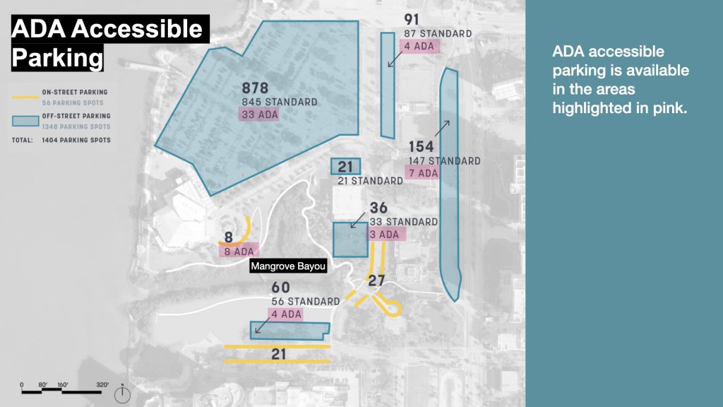 ADA Accessible Parking: ADA accessible parking is available in the areas highlighted in pink.
