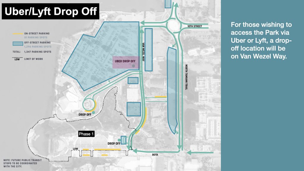 Uber Drop Off
For those wishing to access the Park via Uber or Lyft, a drop-off location will be on Van Wezel Way.  
